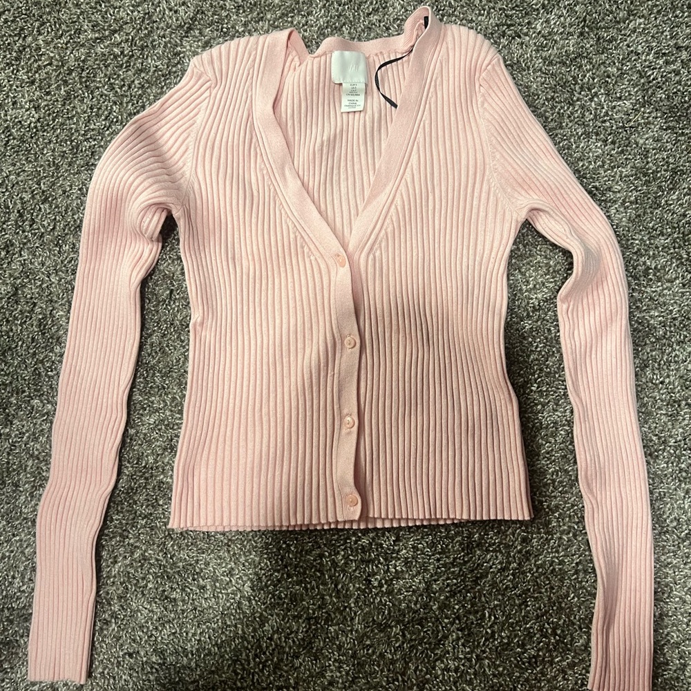 H&M Pink Ribbed Knit Cardigan Sweater